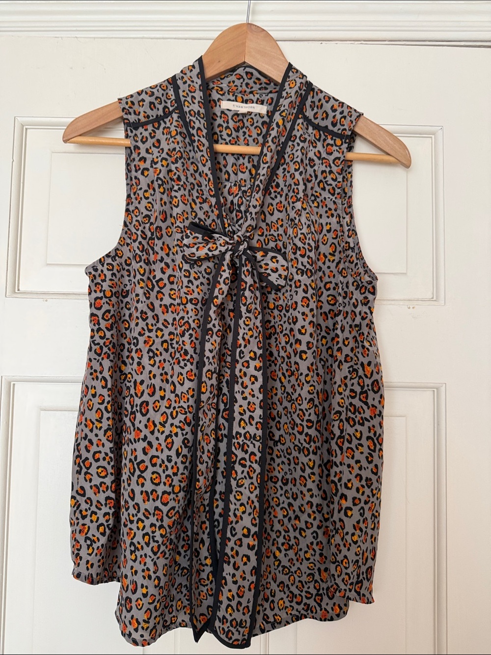41 Hawthorn Gray Leopard Print Sleeveless Tie-Neck Camisole with Orange Accents